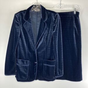 Vintage ACT III Blue Velvet Skirt Jacket Set Size Medium 80s